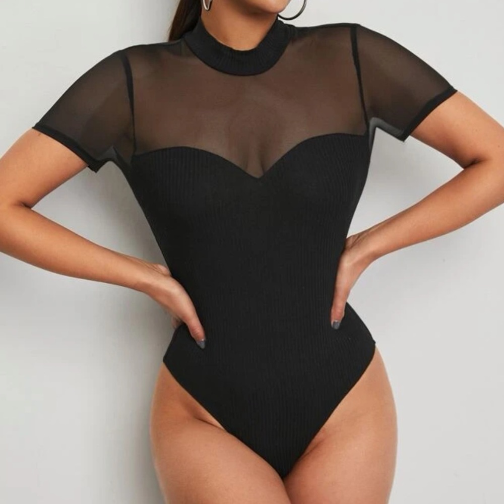 Sweetheart sheer mesh rib knit bodysuit large black